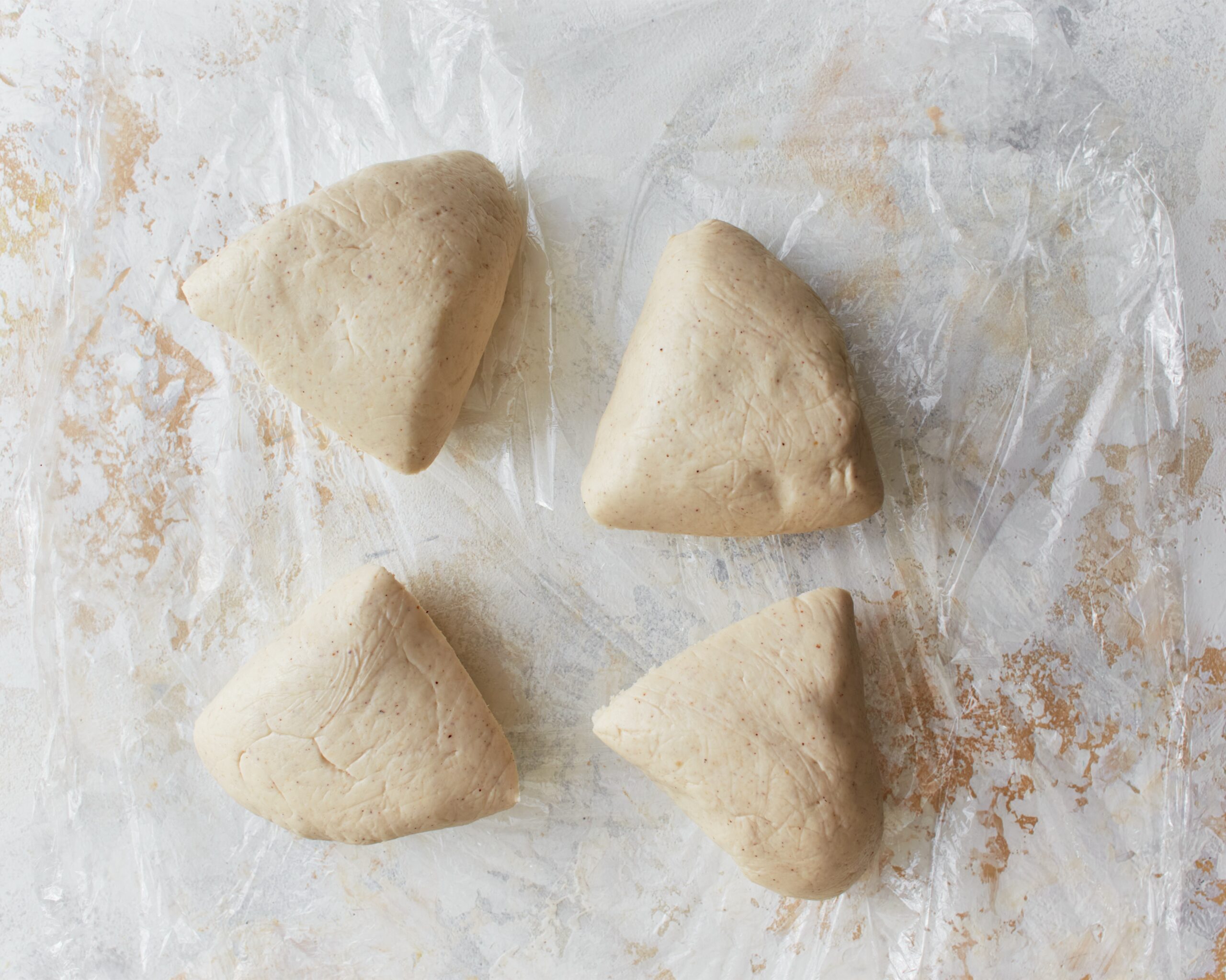 Gluten-free phyllo dough portioned into 4 pieces.