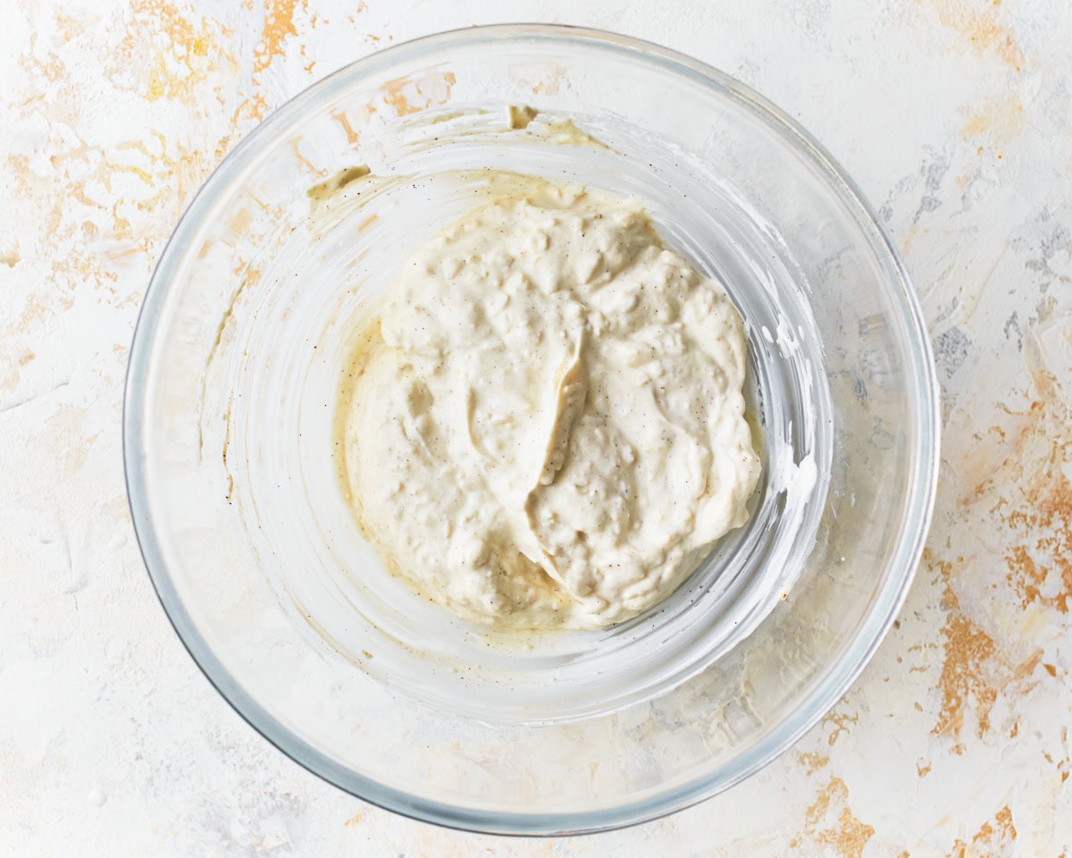 Gluten-free ravioli filling in a glass mixing bowl.