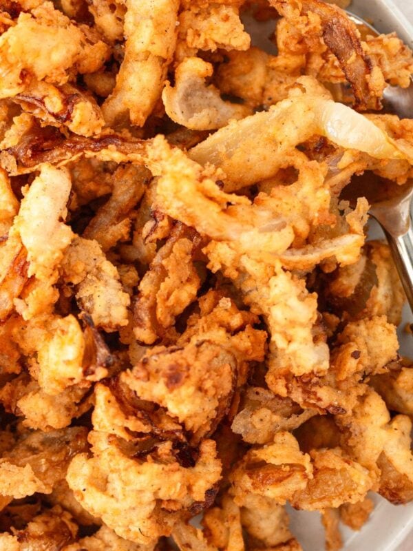 Overhead view of gluten free fried onions in a bowl with a spoon.