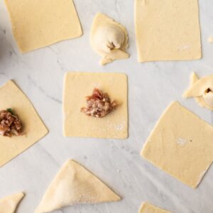 Overhead view of empty gluten-free wonton wrappers and gluten-free wontons