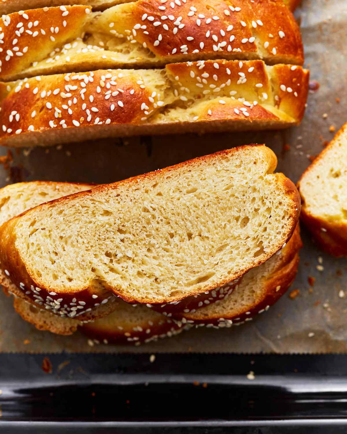 Overhead view of slices of gluten-free challah bread.