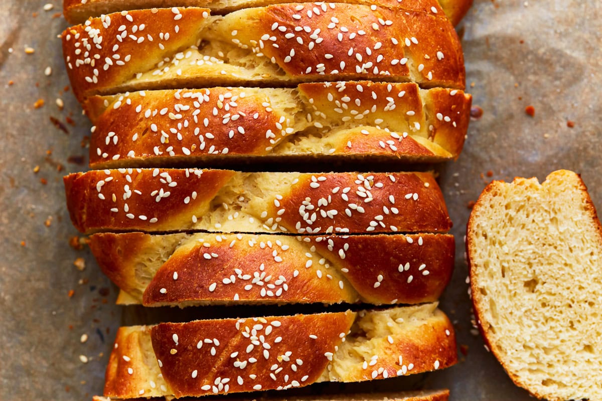 Overhead view of sliced gluten-free challah bread.