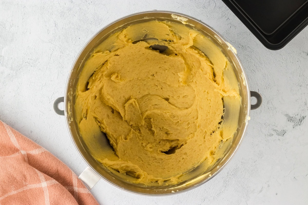 Gluten-free brioche batter in a mixing bowl.