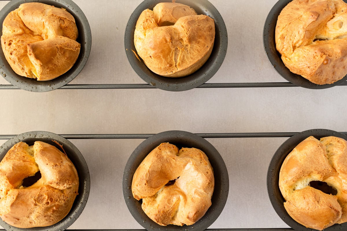 Overhead view of gluten-free popovers in a popover pan.