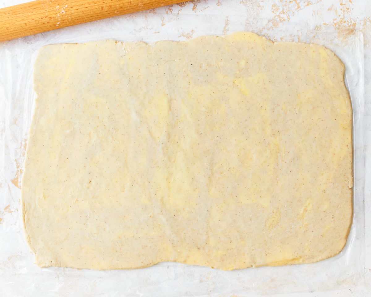 Finished gluten-free puff pastry dough rolled into a rectangle.