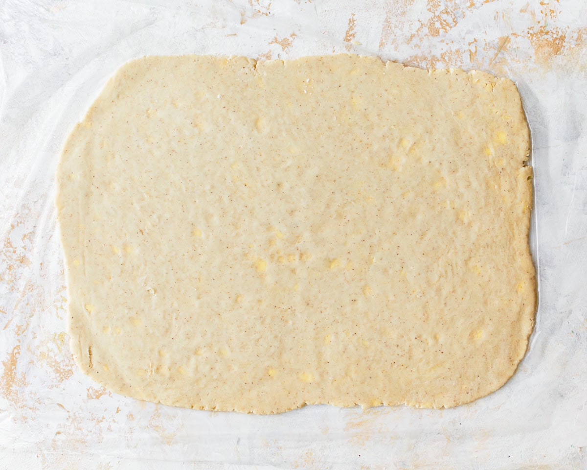 Rolled out gluten-free puff pastry dough.