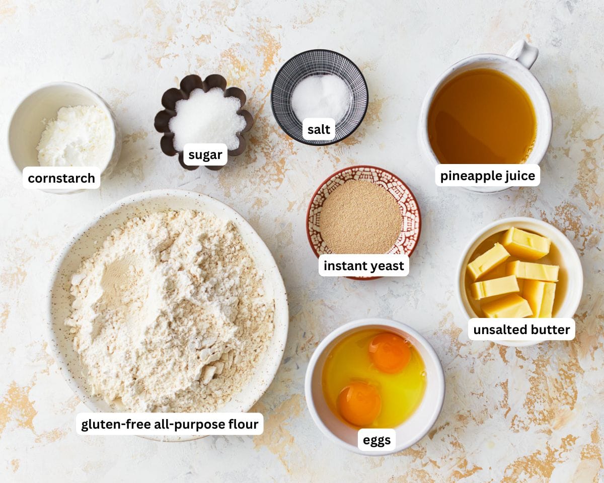 Ingredients for gluten-free Hawaiian rolls.